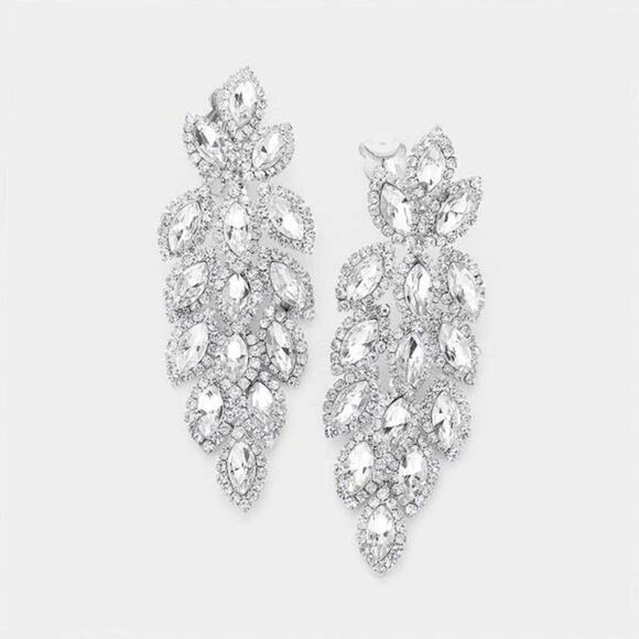 Marquise Crystal Oval Cluster Vine Silver Clip On Earrings - Picture 1 of 6